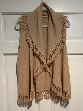 Ralph Lauren Fringed Knit Open Front Vest in Camel